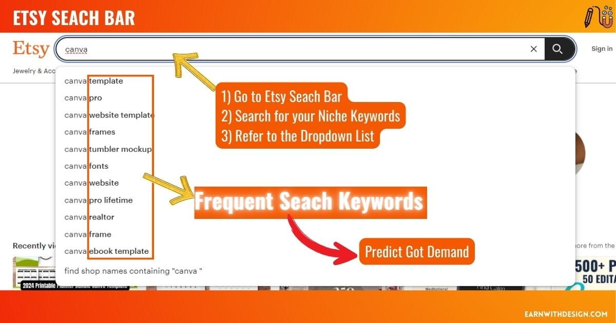Etsy serach bar for canva template keywords