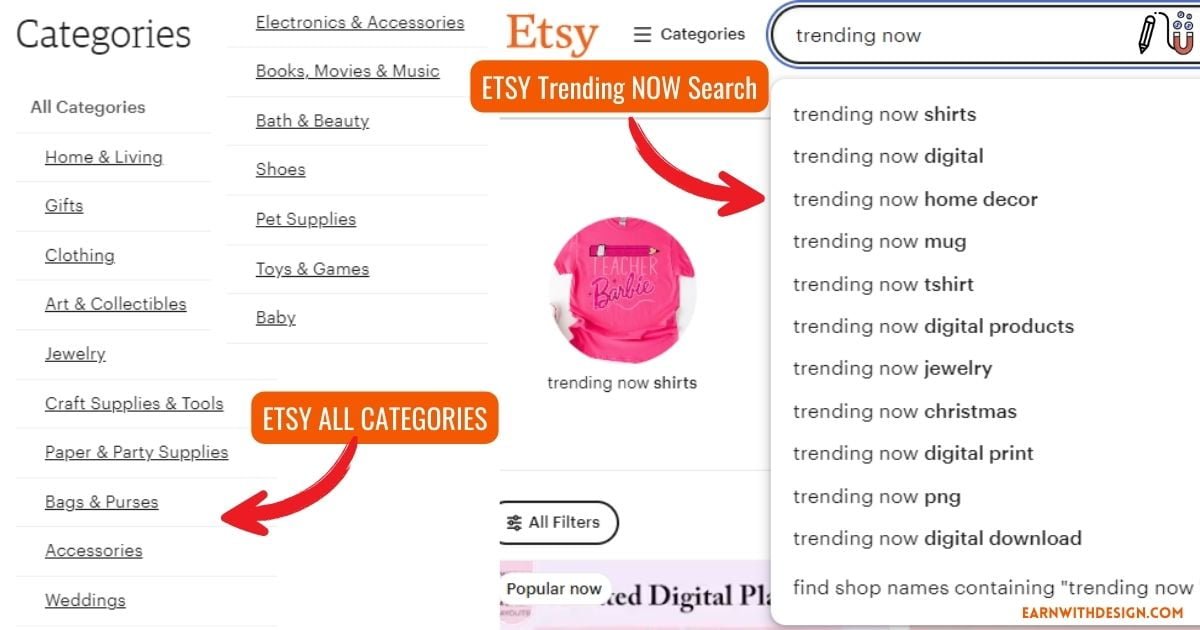 Etsy selling categories and trending now research