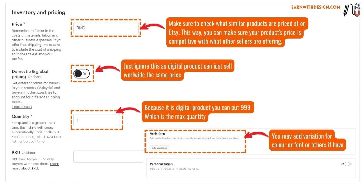 Etsy listing inventory and price step-by-step