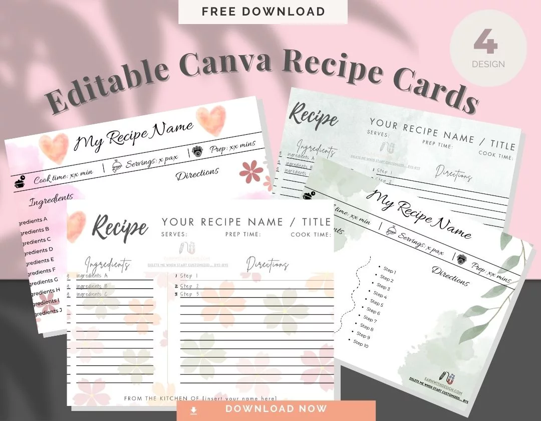 FREE editable canva & tools recipe cards