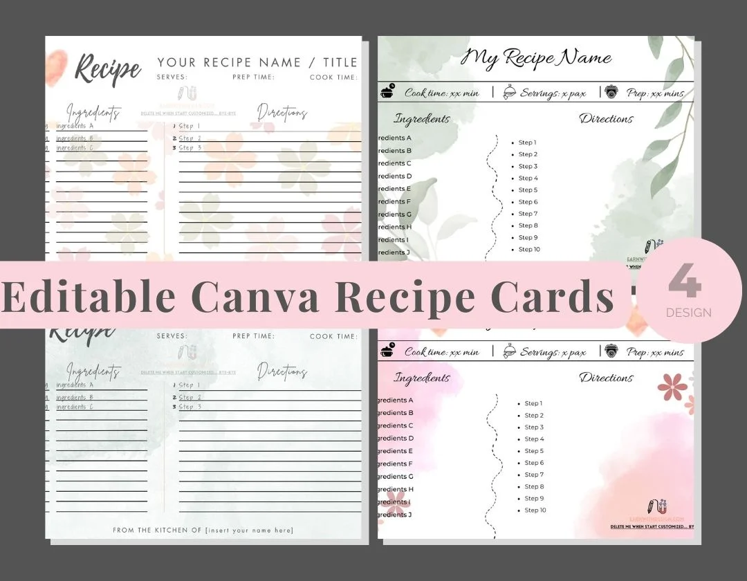 Free Editable Canva Recipe Cards to make money online with canva