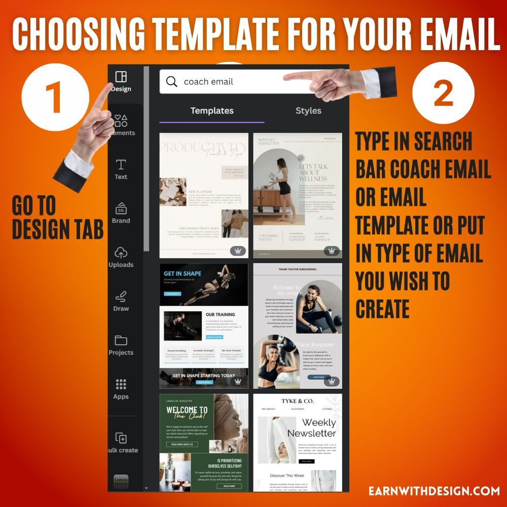 create a design , canvas size, email template, design tab