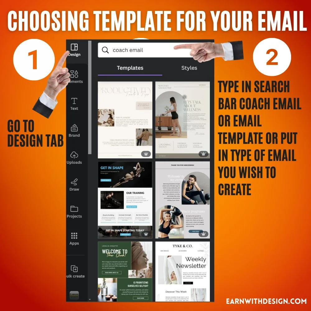 choosing template for your email create a design , canvas size, email template, design tab