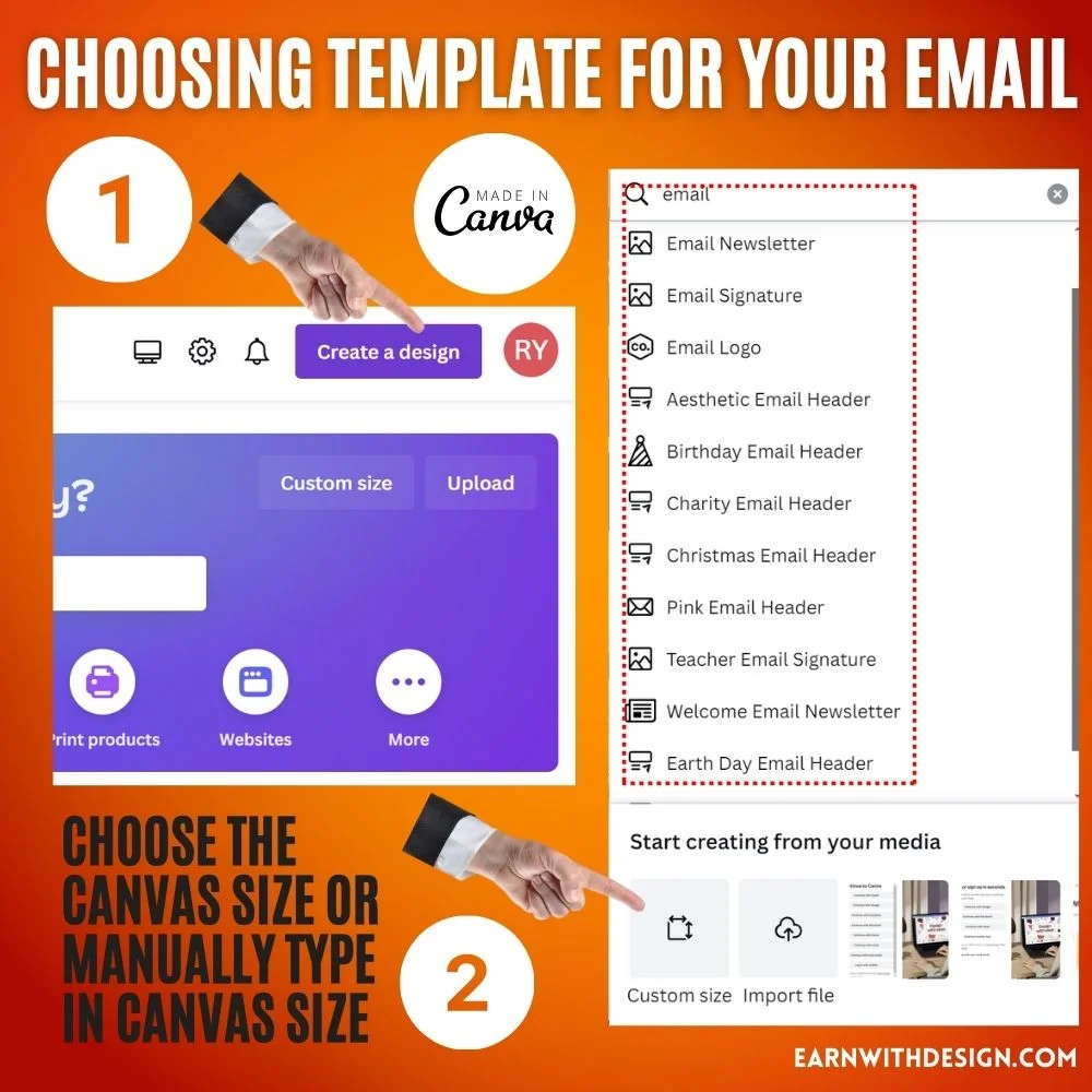 choosing template for your email create a design , canvas size, email template, design tab