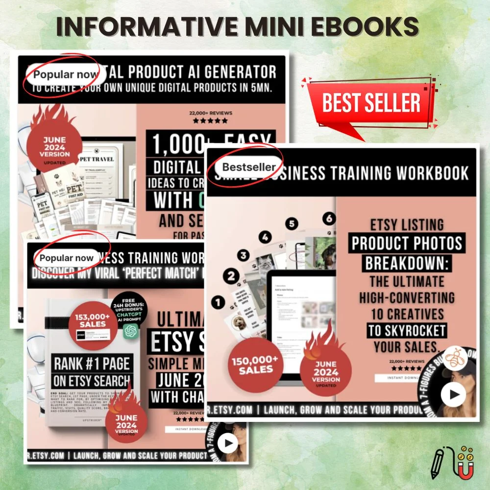 Informative mini ebooks (3) digital downloads, digital planners, digital files, graphic designer, business cards, Etsy sellers, digital product ideas, social media templates, high demand, most popular digital products