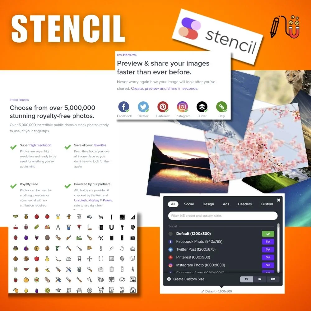 Stencil (2) stencil, extensive library of templates, social media accounts, great tool, sound effects, user interface, premium plan, good choice, various templates, graphic design software, stunning visuals, steep learning curve, creative ideas, drop interface, visual elements