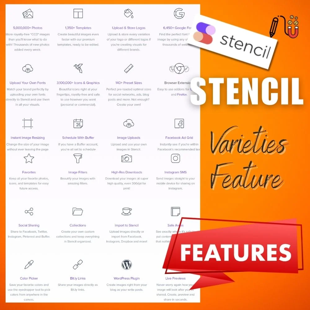 Stencil (3) stencil, extensive library of templates, social media accounts, great tool, sound effects, user interface, premium plan, good choice, various templates, graphic design software, stunning visuals, steep learning curve, creative ideas, drop interface, visual elements