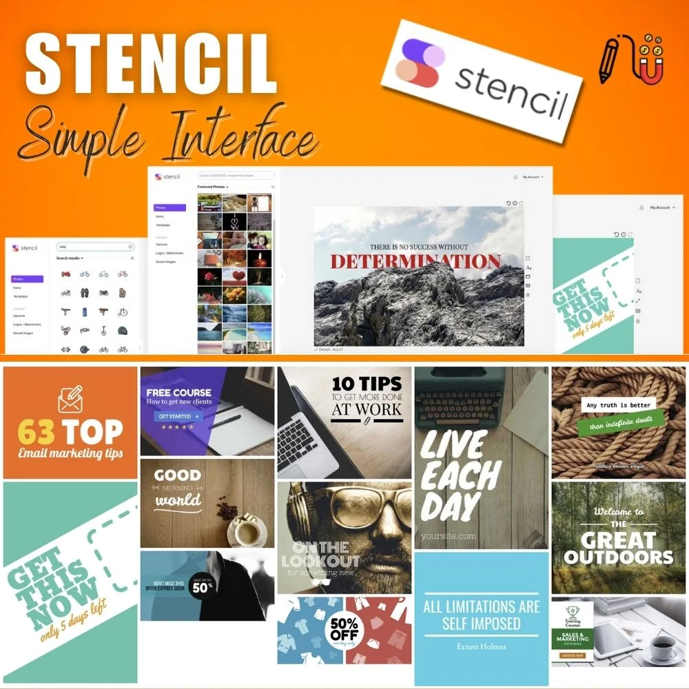 Stencil stencil, extensive library of templates, social media accounts, great tool, sound effects, user interface, premium plan, good choice, various templates, graphic design software, stunning visuals, steep learning curve, creative ideas, drop interface, visual elements