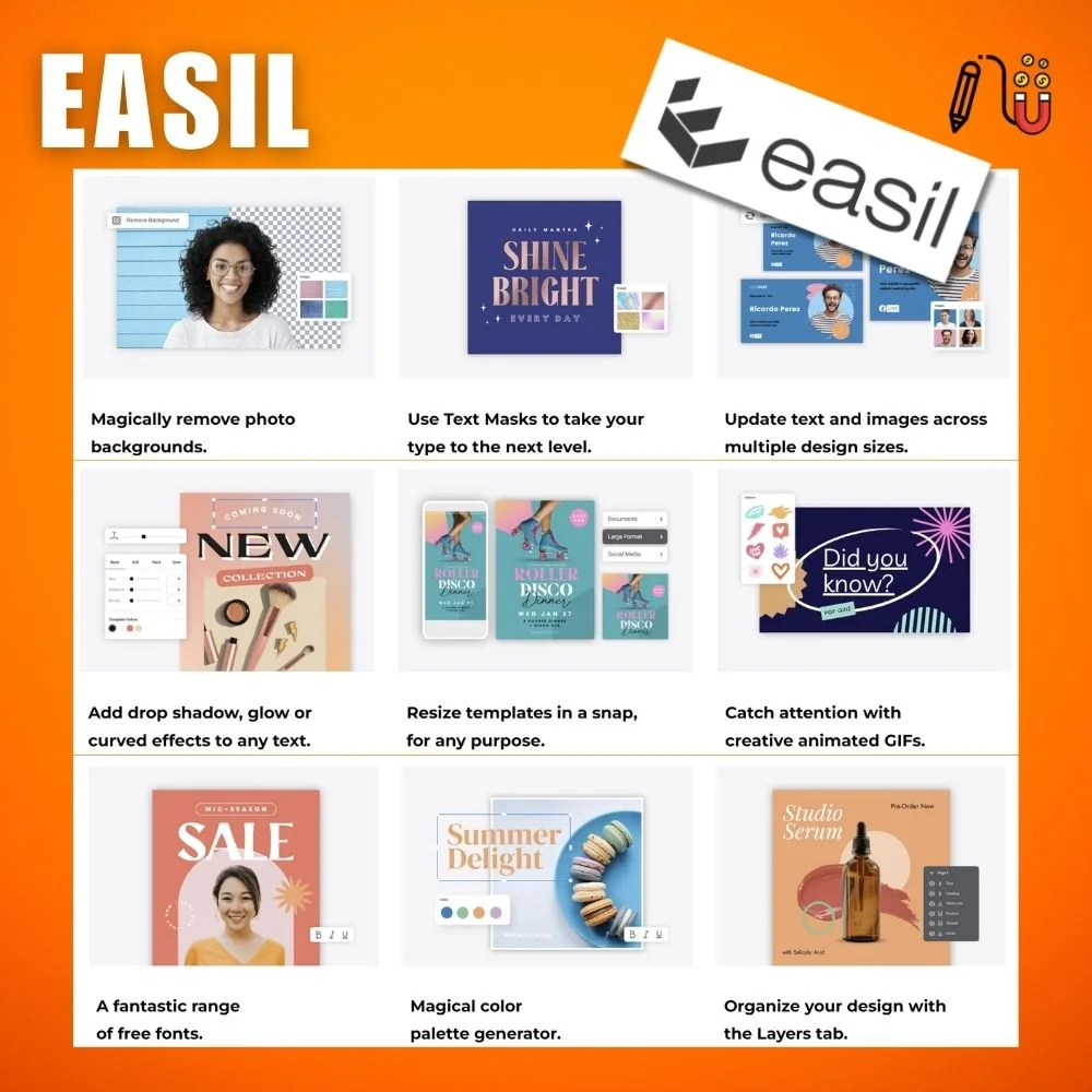 easil (3) easil, basic plan, mobile devices, various purposes, premium features, design projects, unique designs, use case, basic features, worthy canva alternative, small business owners, great alternative