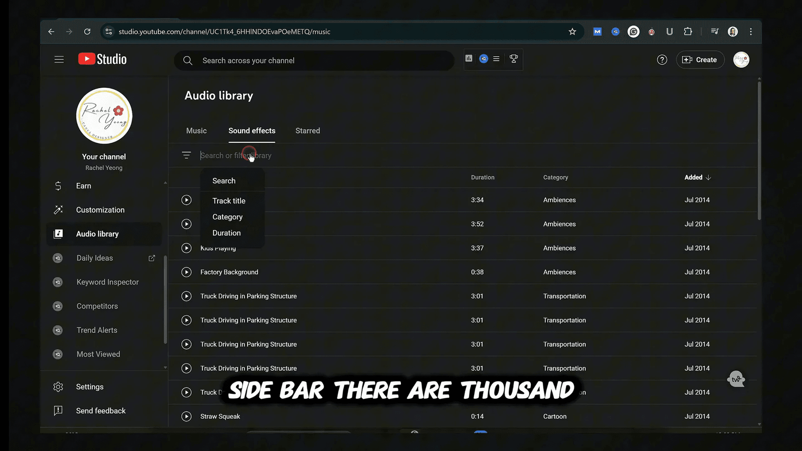 Finding sound effects in YouTube Studio