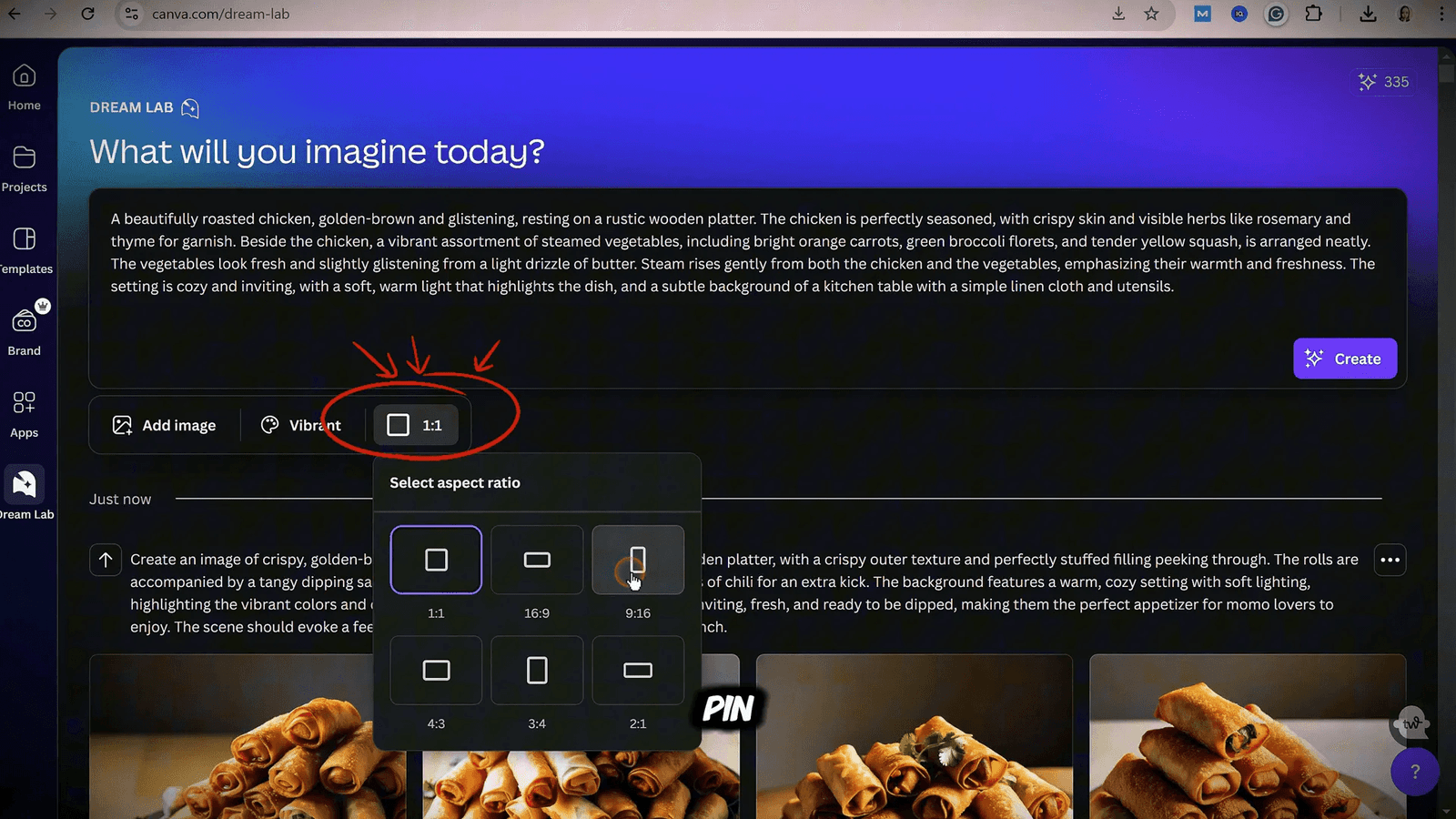 Selecting style and aspect ratio in Canva Dream Lab