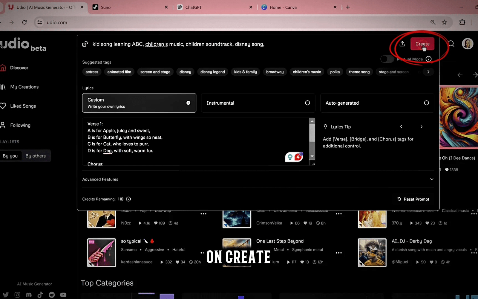 Creating custom songs on Udio.com