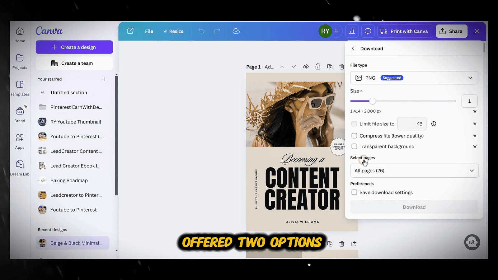 Screenshot of Canva download options