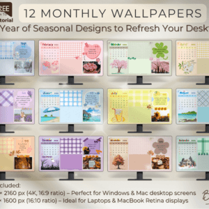 2026 Seasonal Desktop Wallpaper Canva Template with 12 Monthly Themes Bonus Folders and App Icons