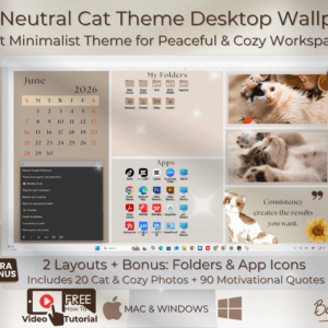 Cozy Cat Desktop Wallpaper 2026 | Minimalist Monthly Calendar Canva Template + Bonus App Icons & Folder
