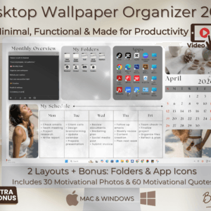 Minimal Grey Productivity Desktop Wallpaper and Organizer Canva Template with Bonus Folder and App Icons