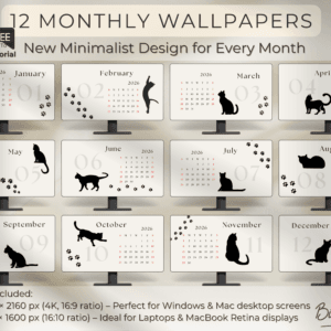 Minimalist Cat Wallpaper 2026 with Calendar + Bonus Color Folders & Icons