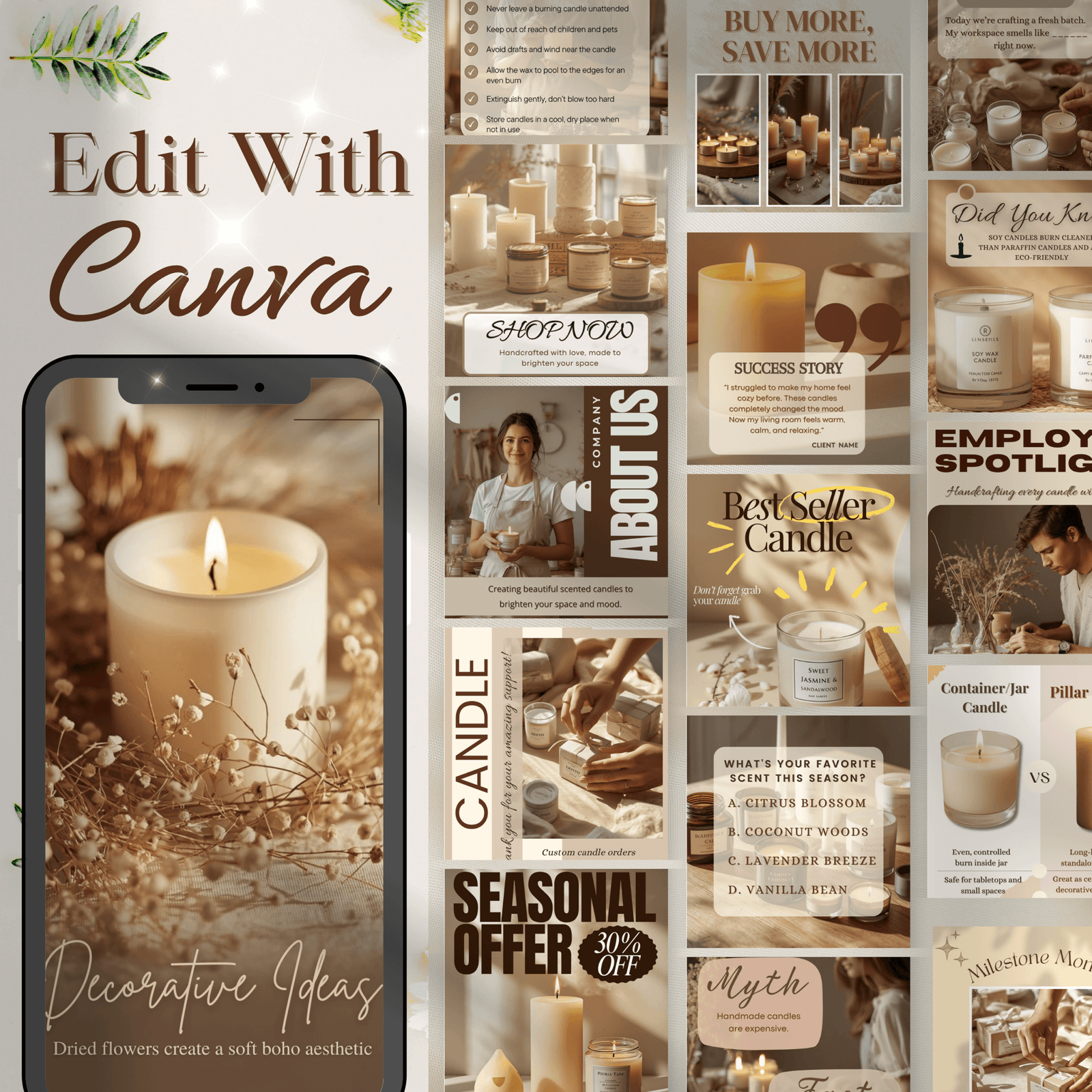 100 Candle Instagram Templates in 3 Sizes | Post & Story Canva Templates | Social Media Kit + FREE Highlight Covers - Image 2