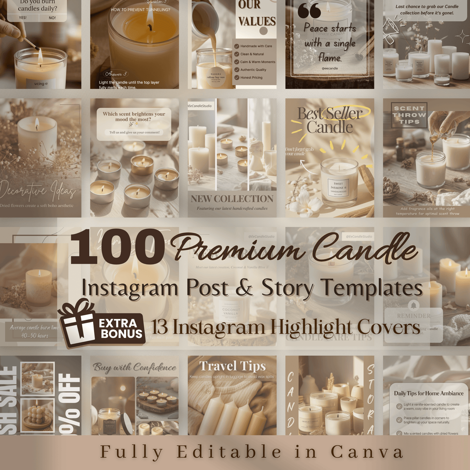 100 Candle Instagram Templates in 3 Sizes | Post & Story Canva Templates | Social Media Kit + FREE Highlight Covers