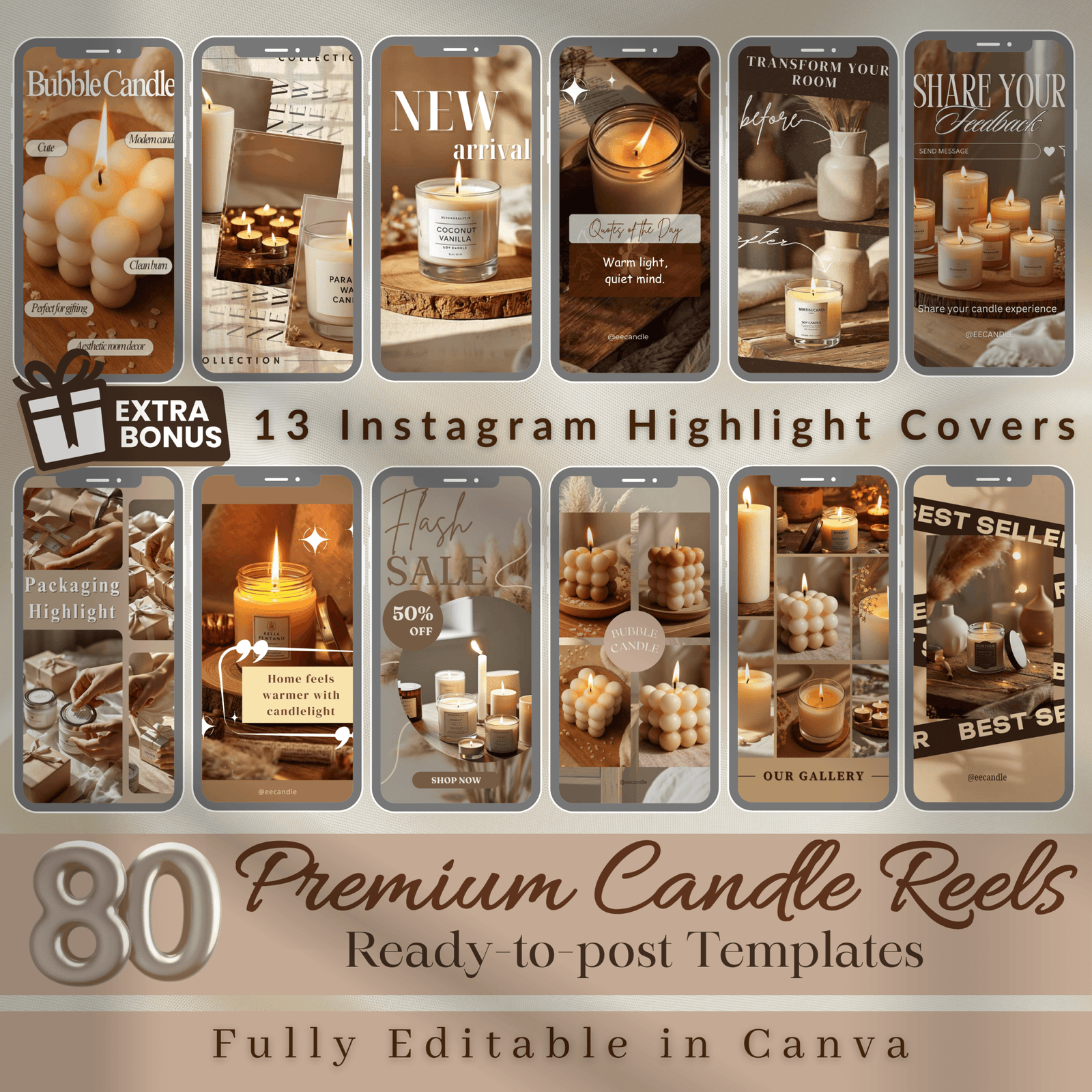 80 Candle Instagram Reels Templates | Editable Canva Video Templates | Social Media Marketing for Candle Business