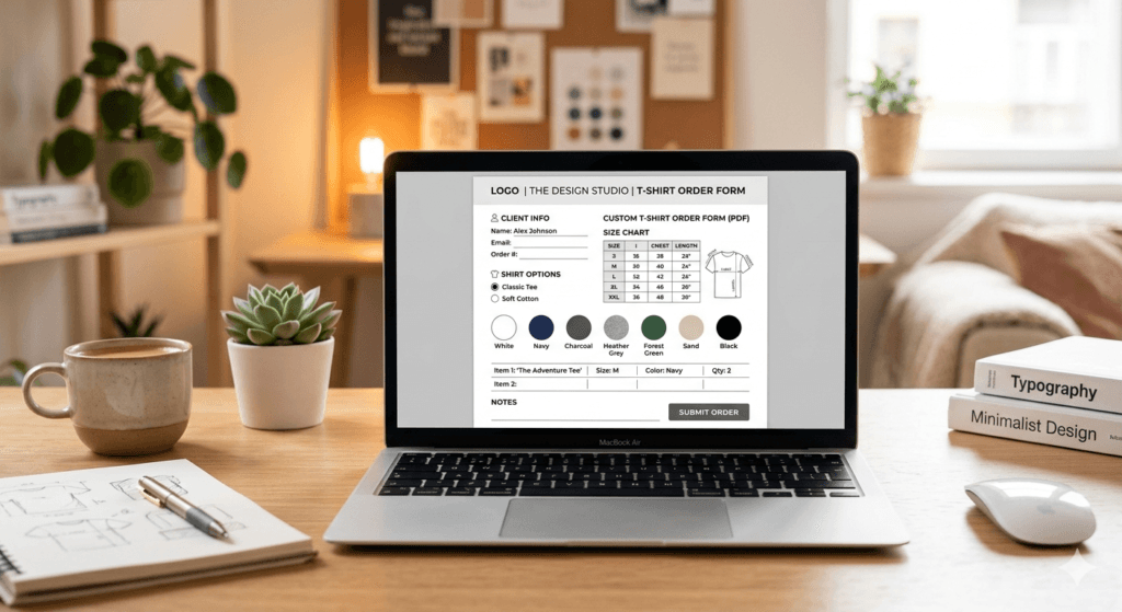 printable t-shirt order form PDF template with size and color fields