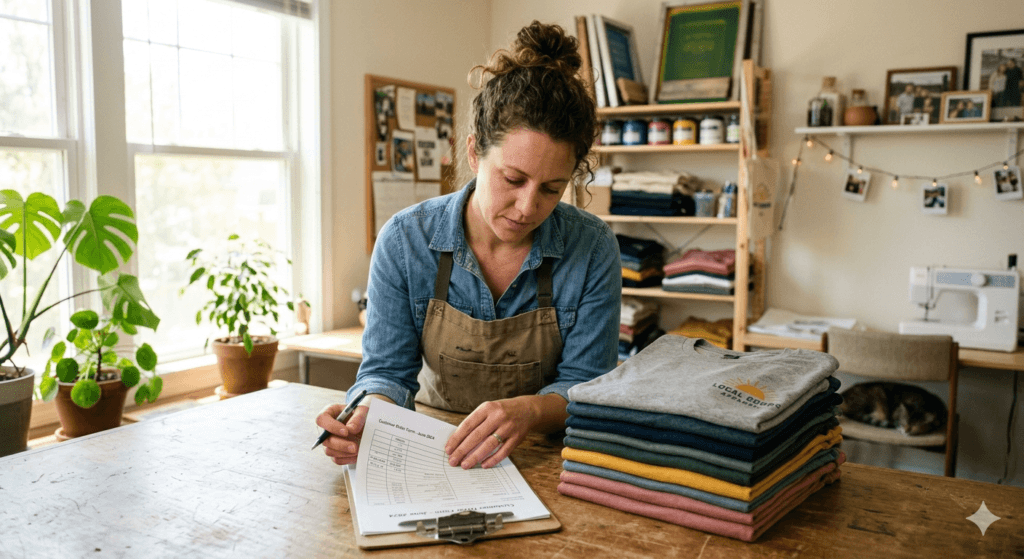 t-shirt order form PDF template used by a small business owner for custom apparel