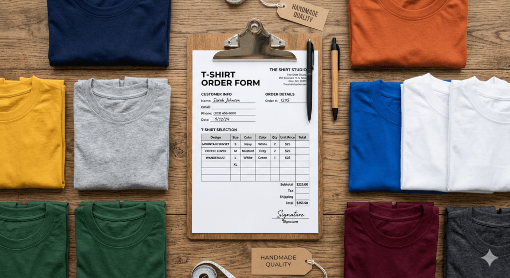 t-shirt order form PDF template - clipboard with colorful t-shirts