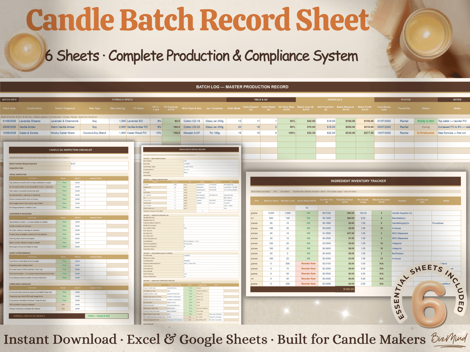 Candle Batch Record Sheet Excel | Candle Production Log Google Sheets | Candle Maker Batch Tracker | QC Checklist Instant Download